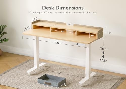 Claiks Standing Desk with Drawers & Wheels, 2 Height Shelf 55" Natural