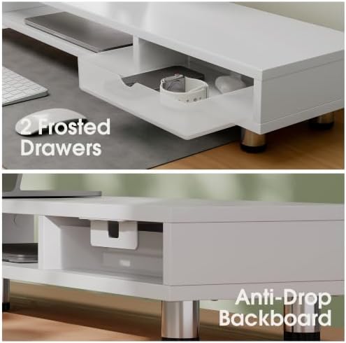 Fenge Dual Monitor Riser with 2 Drawers, 42.5in Long Desk Shelf, White