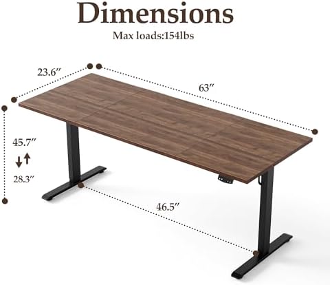 Klicelor 63 Inch Large Electric Standing Desk, Height Adjustable Office Desk, Sit Stand Up Computer Gaming Desk with Memory Preset, Three-Piece Desktop, Dark Walnut