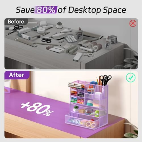 Mesh Pen Organizer for Desk, 13 Compartments with Drawer， Purple