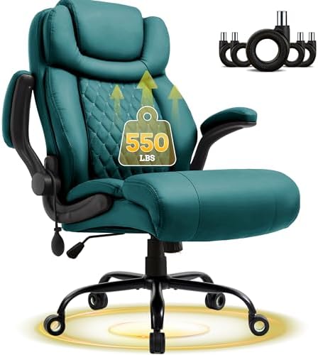 550LBS Big and Tall Office Chair, Comfy Heavy Duty Executive Chair with Adjustable Lumbar Support Double Spaces Casters, Fabric Extra Wide Seat Ergonomic Computer Desk Chair for Back Pain,Green
