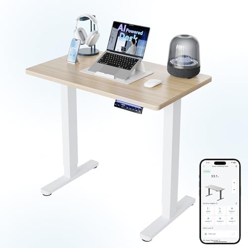 HUANUO AI-Powered Electric Standing Desk with Smart APP, Work with Alexa & Google, Adjustable Height, 6 Memory Settings, Sedentary Reminder, Ergonomic Sit-Stand Desk, 32-inch, Light Walnut