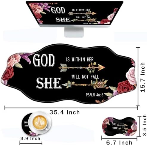 Mouse Pad with Wrist Support + Desk Mat + Coaster 3 in 1 Set, XXL Large Gaming Mousepad Ergonomic Mouse Pads for Desk Computer Laptop Office,Flower Bible Verse Psalm 46-5