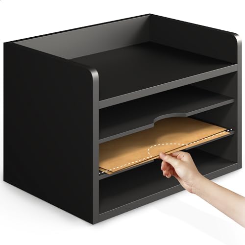 Ballucci File Organizer, 4-Tier Office Desk Organizer, Open Top Wood Paper Organizer for Classroom, Desktop Mail Sorter Paper Tray, Black