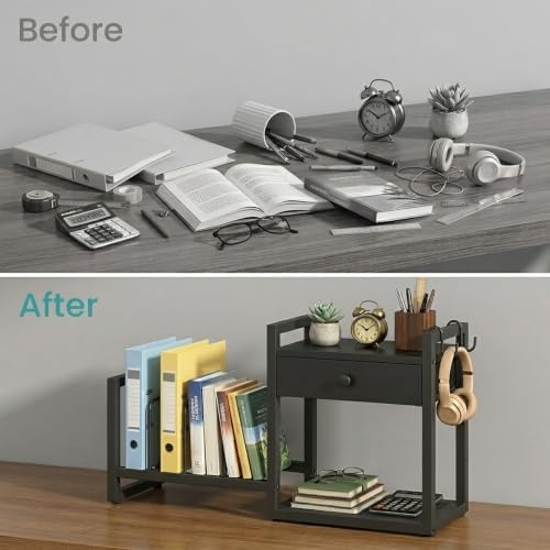 MAHANCRIS Desktop Shelf Organizer, 2-Tier Wooden Desk Bookshelf, Small Tabletop Book Shelf with Draw and Hooks, Countertop Storage Rack for Home, Office, Dorm, Black POBK2201