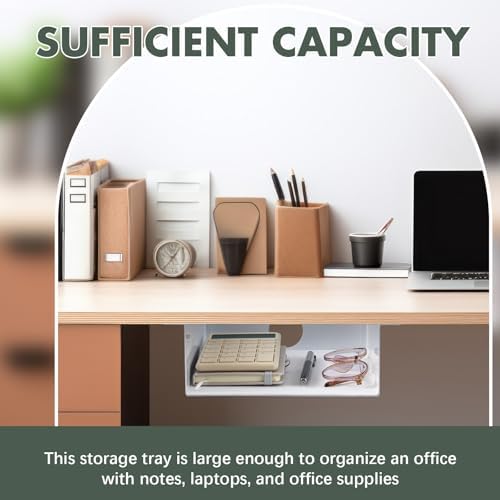 Yaocom 2 Pack Under Desk Hanging Shelf, Carbon Steel Storage Tray with Mute Felt Sheets, Mount Shelves Organizer for Office Home Workstation Gaming Desk Stand up(7.5x8x2.8 in/Storage Shelf,White)