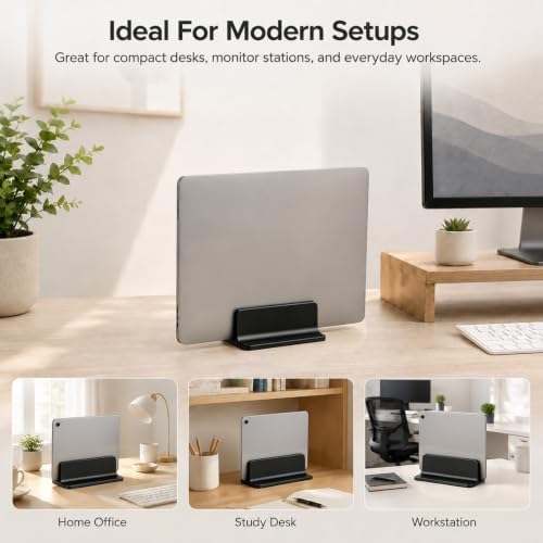 Vertical Laptop Stand Holder, Aluminum Adjustable Laptop Storage Rack, Space Saving Desktop Laptop Holder for MacBook, Surface, Samsung, HP, Dell up to 17.3 inches (Black)