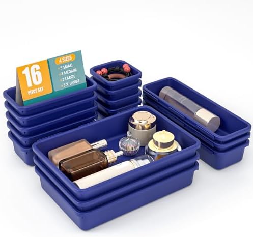 StoreHappily 16 PCS Drawer Organizer Set, 4 Size Makeup Drawer Divider Organizer With Non-Slip Pads, Interlocking Plastic Storage Bins for Office,Jewelry Vanity,Gadgets, Bathroom,Kitchen, Navy
