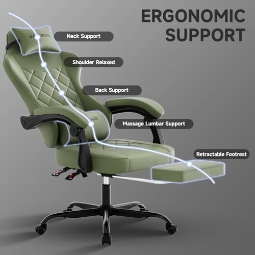 Gaming Chair with Footrest, Ergonomic Leather Computer Chair with Lumbar Support, Height Adjustable High Back Swivel Office Chair for Adults, Gamer Chair for Gaming, Working,Green