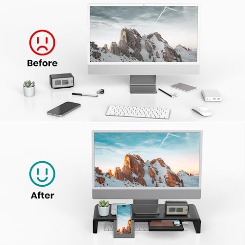 Klearlook Computer Monitor Stand for Desk, Adjustable Foldable Monitor Riser with Storage Drawer & Tablet Phone Holder for Office, Home, Laptop, Desktop (Black 2 Pack)