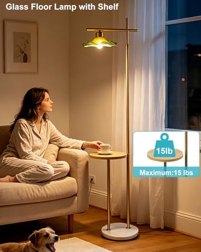 Lightdot Glass Floor Lamp with Table Green Lotus Leaf Gold Standing Lamp
