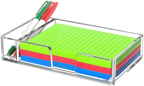 Sticky Note Holder with Pen Slot, Crystal Clear Acrylic Notepad Holder 4x6 in Self-Stick Note Dispenser Office Desk Accessories, Memo Pad Holder Organizer for Classroom School Supplies