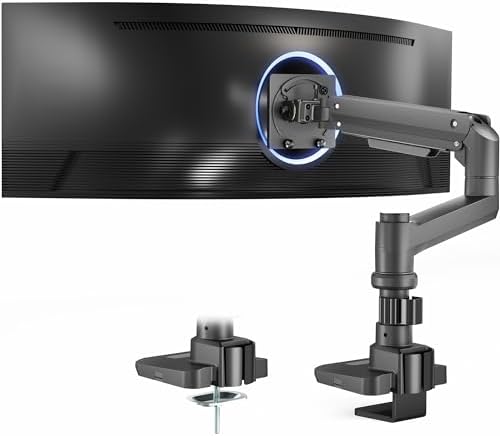 VIVO Aluminum Ultrawide Monitor Stand, Classic, Fits up to 57 inch Computer Screens, Single Articulating Pneumatic Arm, C-Clamp and Grommet Desk Mount, Max VESA 100x100, Black, STAND-V111H