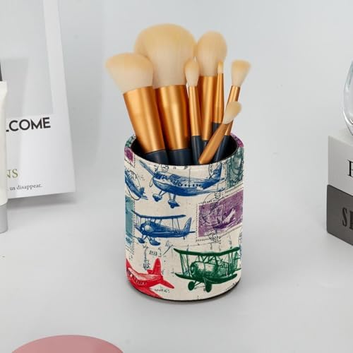Leather Pen Holder for Desk, Airplane Retro Stamps Pencil Cup Pen Organizer Makeup Brush Holder for Office Home Kids Countertop Desk Accessory Storage