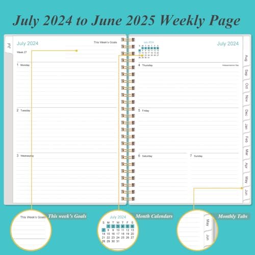 2024-2025 Planner - Weekly Monthly Planner Spiral Bound from July 2024 to June 2025 with 12 Monthly Tabs, Inner Pocket, Elastic Closure, Pink Flowers