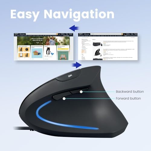 Perixx PERIMICE-513C Wired Vertical USB-C Mouse, 6 Buttons, Adjustable 1000/1600 DPI, Right-Handed, 5.9ft Cable, Black
