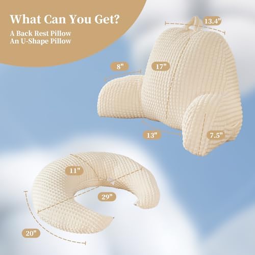 19" Reading Pillow for Bed,U Shaped Arm & Elbow Support,White Flannel