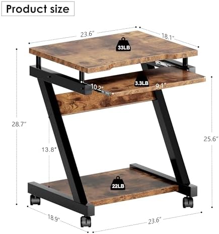 soges Small Rolling Computer Desk, Z Shape Laptop Desk Cart on Wheels, Mobile Computer Workstation for Home and Office with Keyboard Tray, Rustic Brown