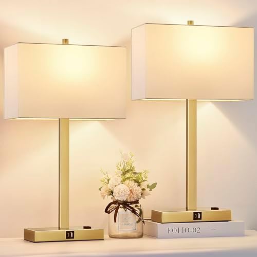 21" Touch Bedside lamps with 2 USB & AC Outlets, 3-Way Dimmable Bedside Table Lamps Set of 2 for Bedroom Living Room Office Reading, White Shade Lamps for Night Stands, 2700K LED Bulbs Included