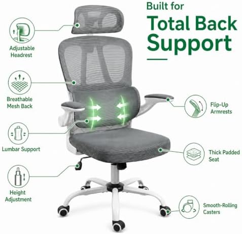 Ergonomic Mesh Office Chair, Headrest, Lumbar Support, Flip-up Arms