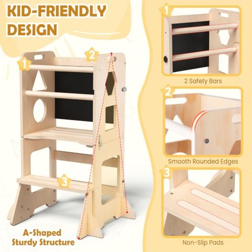 Toddler Standing Tower Anti-Tip Wooden Kitchen Step Stool，Nature