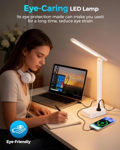 LED Desk Lamp with Power Strip, 3 AC Outlets, 4 USB Ports, Stepless Dimming