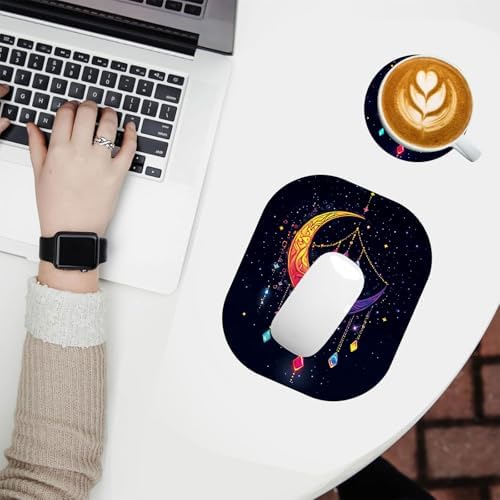 Small Mouse Pad，Mini Mouse Pad 6 x 7 Inch，for Laptop Keyboard Tray Wireless Mouse Home Office Travel，with Non-Slip Rubber Base, Waterproof Mouse Mat，Moon with Hanging Crystals