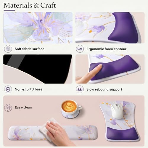 Gel Mouse Pad & Memory Foam Keyboard Wrist Rest Set, Purple Floral