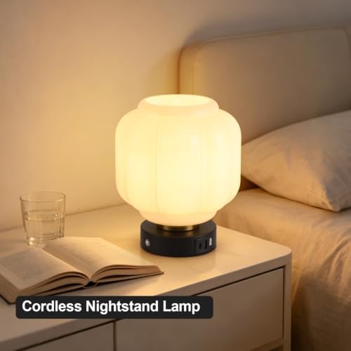 Rechargeable Table Lamp, Cordless Milk Glass Bedside Lamp Small