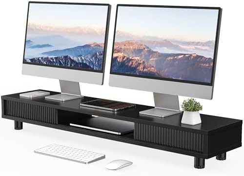 Fenge Dual Monitor Stand with Storage, Desk Shelf with Glass Sliding Door