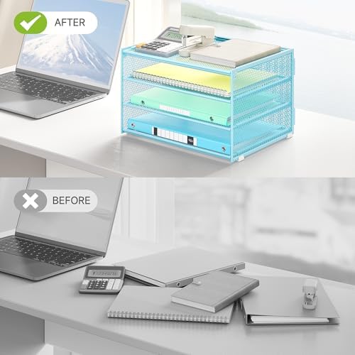 Lavatino 3-Tier Letter Tray Desk Paper Organizer – Blue Mesh Metal File Tray Organizer for Desk, Office Supplies & Home Organization | Fits A4/Letter Paper, Mail, Magazines and Office Accessories