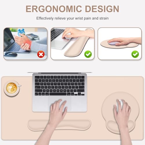 Mouse Pad Desk Pad Protector, Keyboard Wrist Rest + Mouse Pad Wrist Rest +Coaster, Large Gaming Mouse Pad for Computer Keyboard Laptop, XXL Desk Mat Writing Pad for Office and Home, Beige
