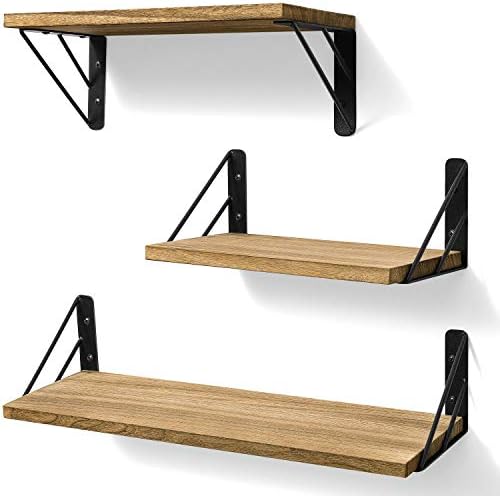 BAYKA Wall Shelves for Bedroom Decor, Floating Wall Shelves for Living Room Kitchen Storage, Wall Mounted Rustic Wood Floating Shelves for Kids Books, Corner Shelves for Bathroom(Brown，Set of 3)