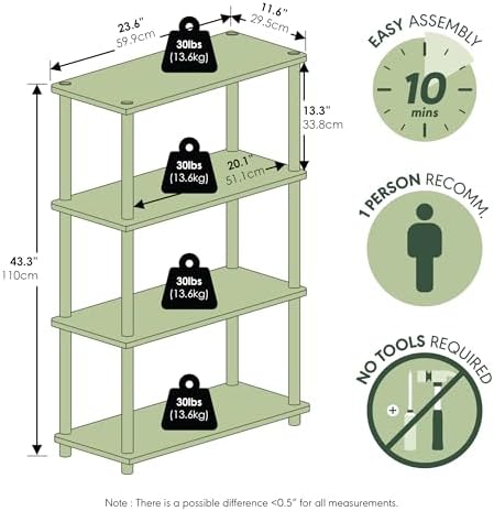Furinno TURN-N-TUBE Storage Shelves, 4-Tier Toolless Book Shelf, Corner Shelf, Toolless Open Shelves, for Organization and Storage, Living Room, Garage, Home Office, Black