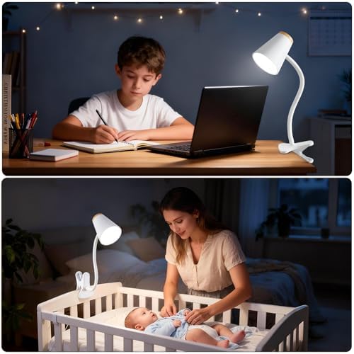 EJIAXIN Clip on Desk Lamp for Home Office - Small LED Touch Dimmable Reading Light for College Dorm Room - Adjustable Flexible Gooseneck Clamp Light Table Lamp for Bedside Bedroom Bed Headboard White