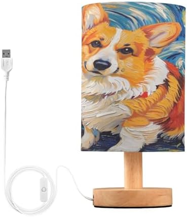 Bedside Lamp Corgi Dog Starry Night Table Lamp for Bedroom LED Nightstand Lamp Shade USB Ports Wood Base for Living Room Dorm Office