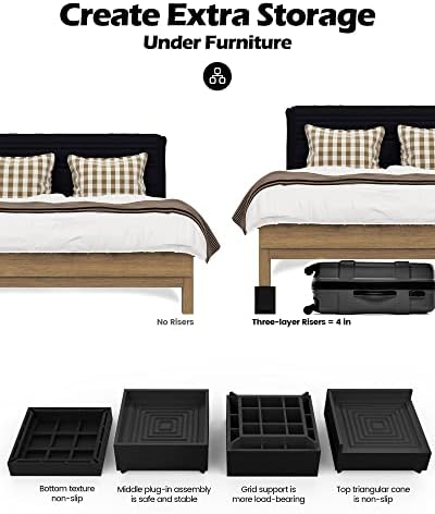 Furniture Risers, Tclouda Bed/Sofa/Desk/Table/Chair Leg/Fridge Lifts to 1.5, 3 and 4 in, Rectangle Adjustable Risers Blocks for Extenders, Heavy Duty Supports Up to 1300 Lbs, 4 in-Black-Square