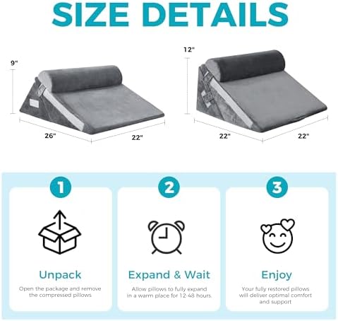 BDEUS 3PCS Wedge Pillow Set for After Surgery, Back Pillow for Bed Sitting up, Orthopedic Foam Wedge Pillow for Acid Reflux Sleep Apnea Back Pain Relief, Post Surgery Pillow for GERD & Snoring, Grey