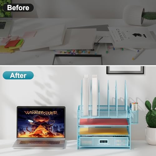 Marbrasse Desk Organizers, 4-Tier Mesh Desk File Organizer with 5 Vertical File Holders and 2 Pen Holders, Multifunction Desktop Organizer,Desk Organizers and Accessories for Home Office (Blue)