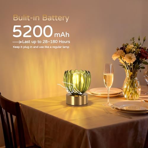 Shenmoyl Cordless Small Table Lamp with 5200mAh Battery & Touch Control, Battery Operated Tulip Table Lamp with 3 Colors, Rechargeable Mini Table Lamps for Bedsides, Bedroom, Nightstand (Green)