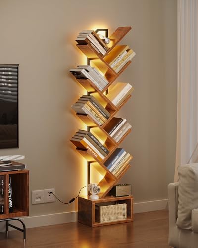 Casaottima Tree Bookshelf with LED Lights, 8-Tier Small Bookshelf, Vintage