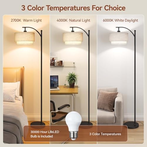 SUNMORY Floor Lamps for Living Room with 12W LED Bulb, Arc Lamp with 3 CCT