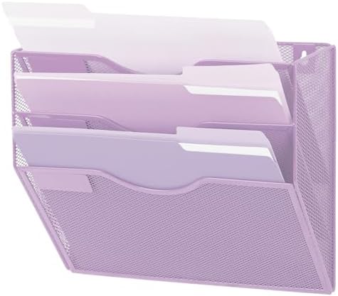 EASEPRES 3 Pocket Mesh Hanging Wall File Organizer, Wall Mounted Mail Paper Document Folder Holder, Clipboard Storage Organization Magazine Rack with Nametag Label for Office Home School, Light Purple