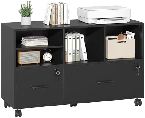 2 Drawer Wood Lateral File Cabinet with Lock, Lockable Rolling Filing Cabinet with Adjustable Storage Shelves, Printer Stand Office Storage Cabinet for Home Office Fits Files Legal/A4, Black