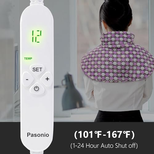 Full Weighted Heating Pad for Neck and Shoulders, Pasonio Large Electric Heated Wrap for Cramps and Pain Relief - 2.4lb Hot Heat Pad with Moist & Dry Heat Therapy Options, Washable- (18"x22") - PYQ03