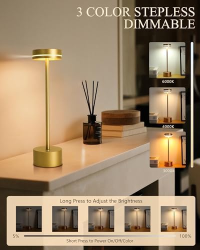 2 Pack LED Cordless Table Lamp Rechargeable, 5000mAh Portable Battery Operated LED Desk Lamp, 3 Color Dimmable Table Light for Reading/Home Office/Dining for Home Décor – Bright Gold