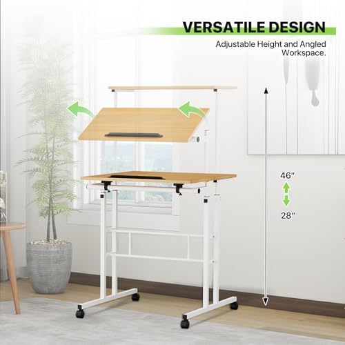 Magshion Rolling Standing Desk with Wheels, Height Adjustable Laptop Desk for Walking Pad, Mobile Workstation with Tilt Top, 28" to 46" Height Range for Home Office & Small Spaces, Natural