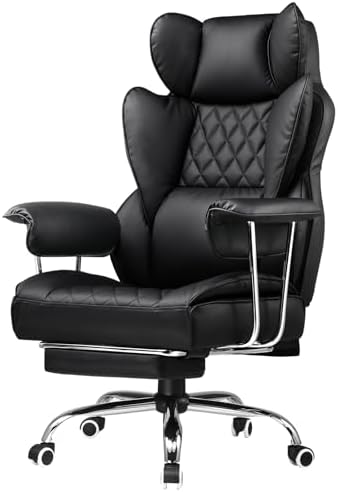 COMHOMA Big and Tall Office Chair, High Back Leather Gaming Chair with Footrest, Executive Ergonomic Office Chair with Pocket Spring Lumbar Support and with Outward Fixed Soft Armrests