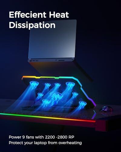 ChillCore Laptop Cooling Pad, RGB Lights Laptop Cooler 9 Fans for 15.6-19.3 Inch Laptops, Gaming Laptop Fan Cooling Pad with 8 Height Stands, 2 USB Ports - A21 Blue