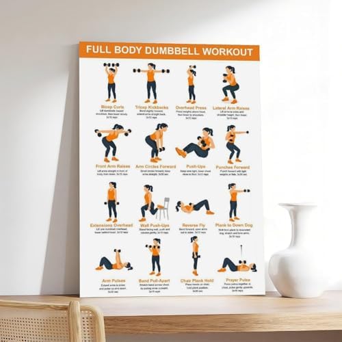 Full Body Dumbbell Workout Chart Home Exercise Routine for Beginners Illustrated Strength Training Canvas Poster Wall Art for Living Room Bedroom Decor Frame 12x18inch